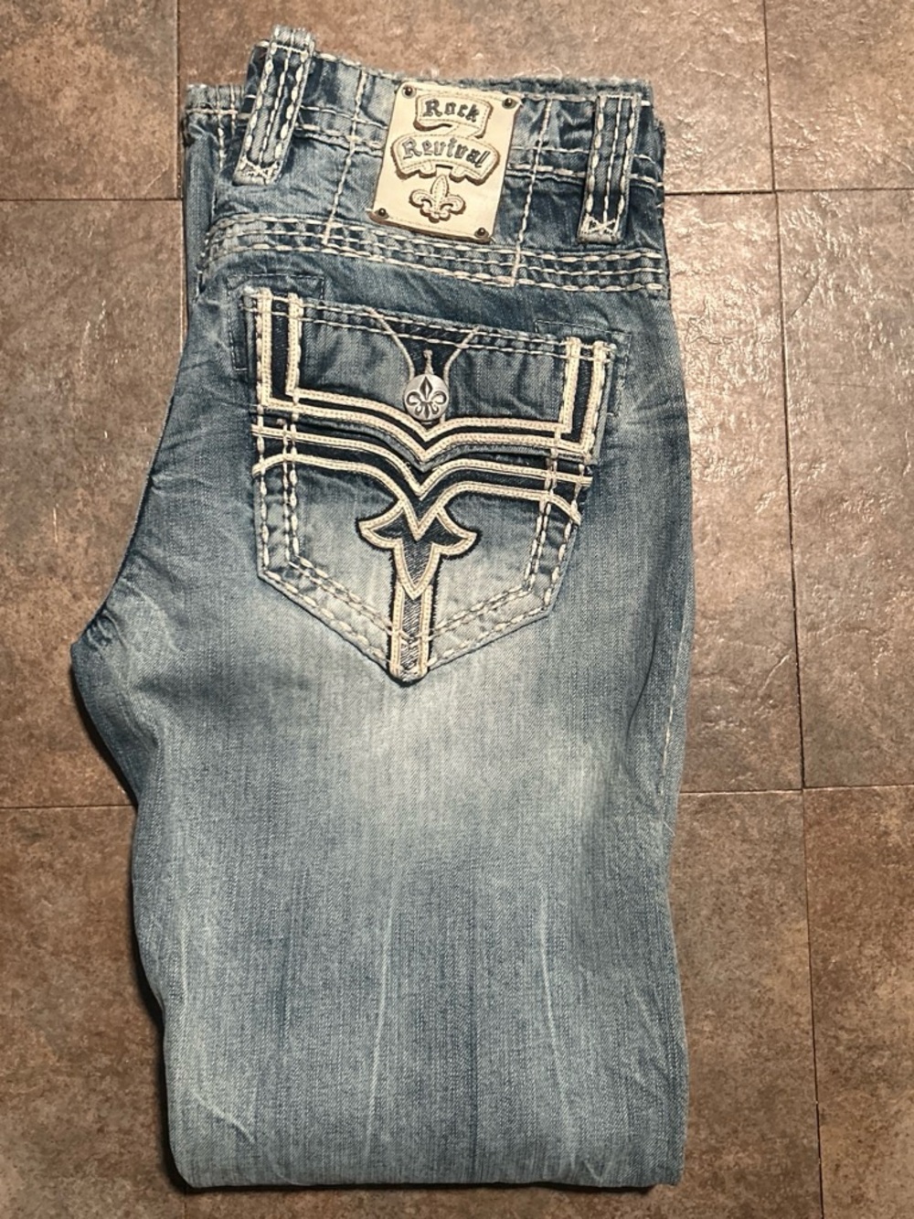 Rock Revival Men's Light Blue Embroidered Back Pocket Bootcut Jeans